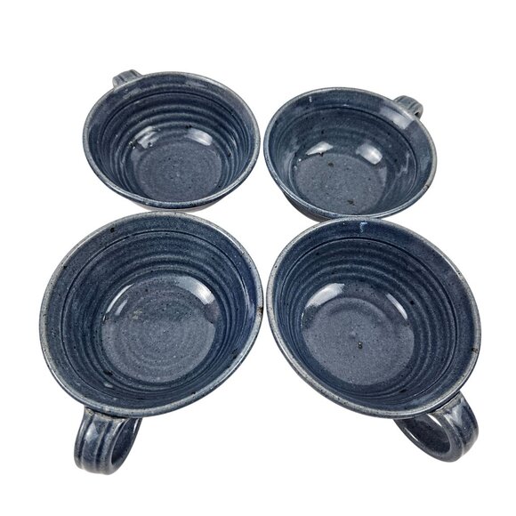 Stoneware Soup Bowl Blue Gloss Glaze Art Studio Pottery Signed Set of 4 Vintage - Picture 1 of 12
